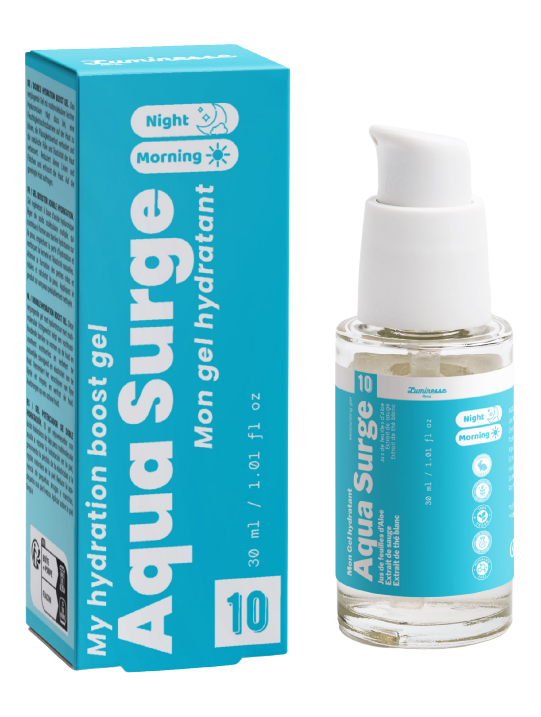 Packshot d’Aqua Surge de Luminesse Paris, soin hydratant visage en gel à l’acide hyaluronique multi-poids et au Sodium PCA. Le produit est présenté seul et sert à illustrer l’étape d’hydratation de la routine Quatuor Pore Detox, pensée pour associer nettoyage, purification et hydratation.
