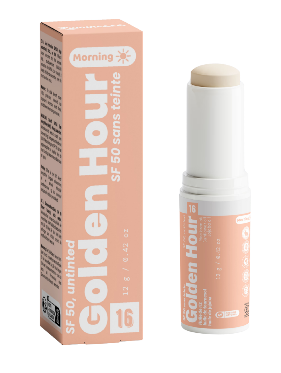Packshot de Golden Hour de Luminesse Paris, stick solaire minéral SPF 50 pour le visage. Le produit est présenté seul afin d’identifier clairement son format compact et son packaging. Visuel utilisé dans la routine Quintet Pore Detox pour illustrer l’étape de protection solaire du matin.