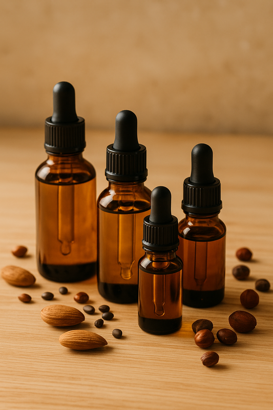 Flacons d’huiles végétales en verre ambré, posés sur une table en bois clair, avec quelques graines / noyaux autour (jojoba, noisette, amande…). Ambiance : naturelle, épurée, lumière chaude.