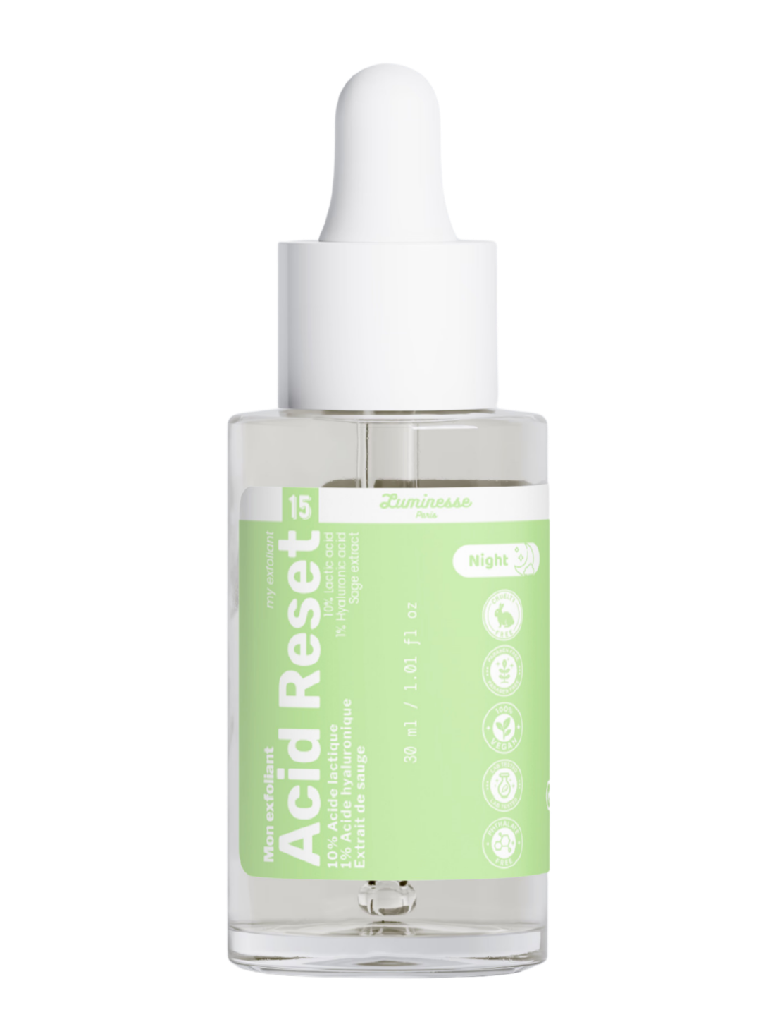 Packshot détouré d’Acid Reset n°15 de Luminesse Paris, exfoliant visage en flacon compte-gouttes transparent de 30 ml avec étiquette vert clair. Le packaging indique 10 % d’acide lactique, 1 % d’acide hyaluronique et extrait de sauge, avec la mention Night.