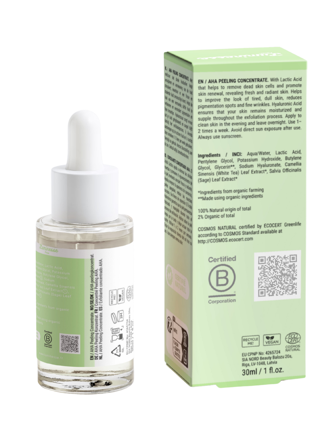 Vue arrière d’Acid Reset n°15 de Luminesse Paris avec son flacon compte-gouttes de 30 ml et son étui vert clair sur fond transparent. Le dos du packaging présente le concentré peeling AHA à l’acide lactique, la liste INCI, les conseils d’utilisation, un QR code, la certification B Corporation et les pictogrammes Vegan et COSMOS Natural.