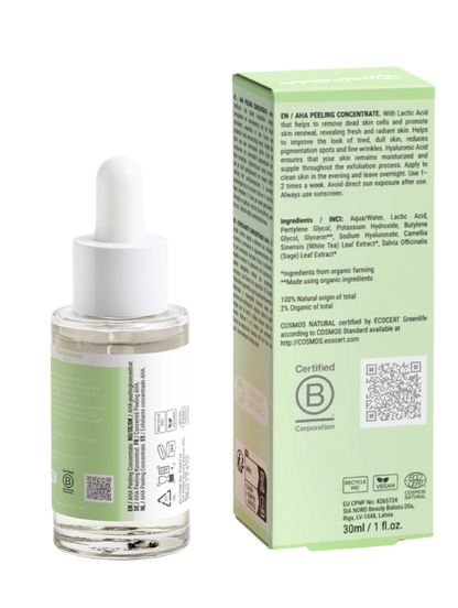 Vue arrière d’Acid Reset n°15 de Luminesse Paris avec son flacon compte-gouttes de 30 ml et son étui vert clair sur fond transparent. Le dos du packaging présente le concentré peeling AHA à l’acide lactique, la liste INCI, les conseils d’utilisation, un QR code, la certification B Corporation et les pictogrammes Vegan et COSMOS Natural.