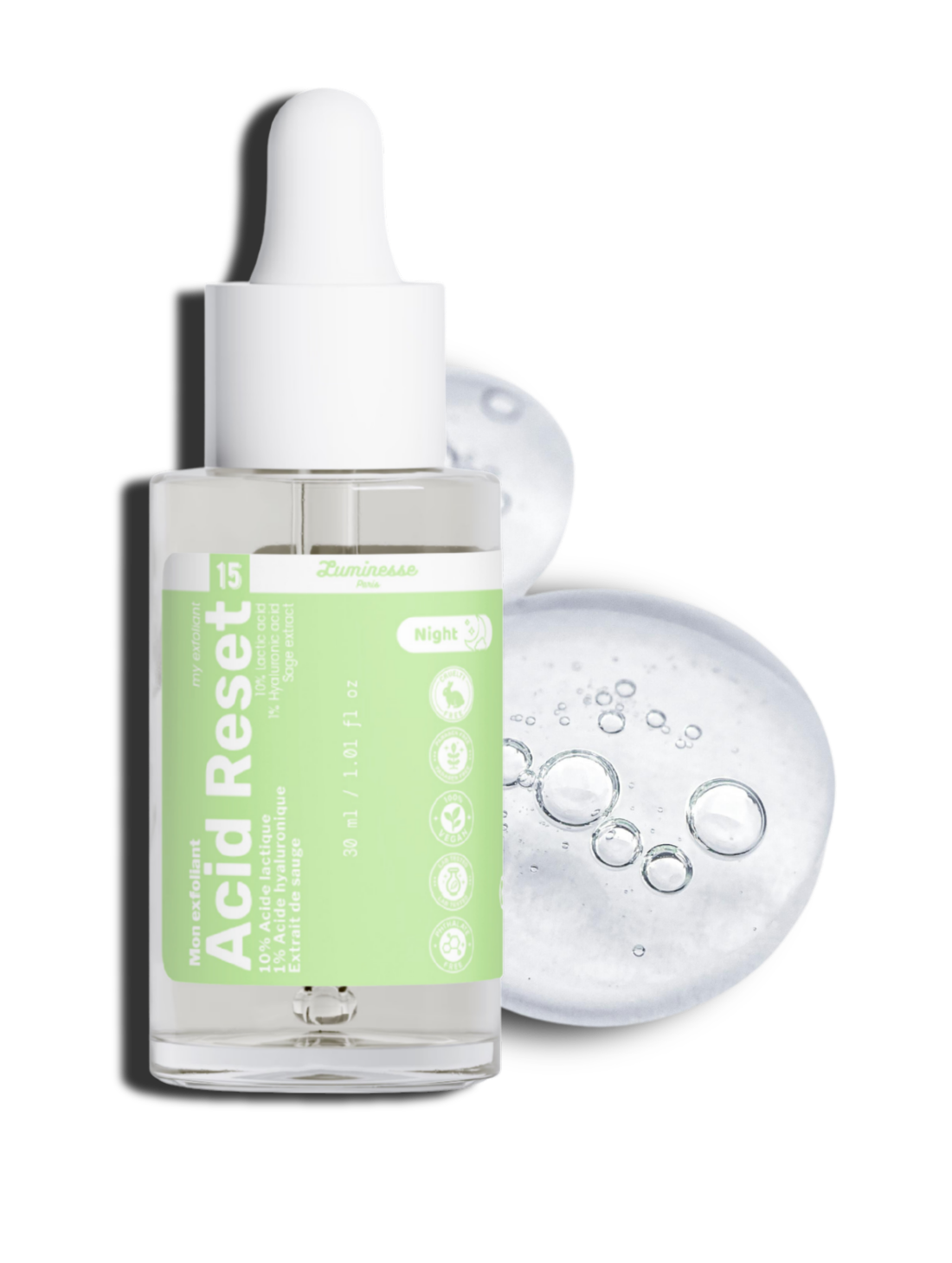 Visuel de présentation d’Acid Reset de Luminesse Paris, peeling visage de nuit formulé avec 10 % d’acide lactique et 1 % d’acide hyaluronique. L’image accompagne la fiche produit et met en contexte les actifs exfoliants et hydratants du soin, à intégrer progressivement le soir.
