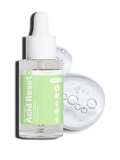 Visuel de présentation d’Acid Reset de Luminesse Paris, peeling visage de nuit formulé avec 10 % d’acide lactique et 1 % d’acide hyaluronique. L’image accompagne la fiche produit et met en contexte les actifs exfoliants et hydratants du soin, à intégrer progressivement le soir.