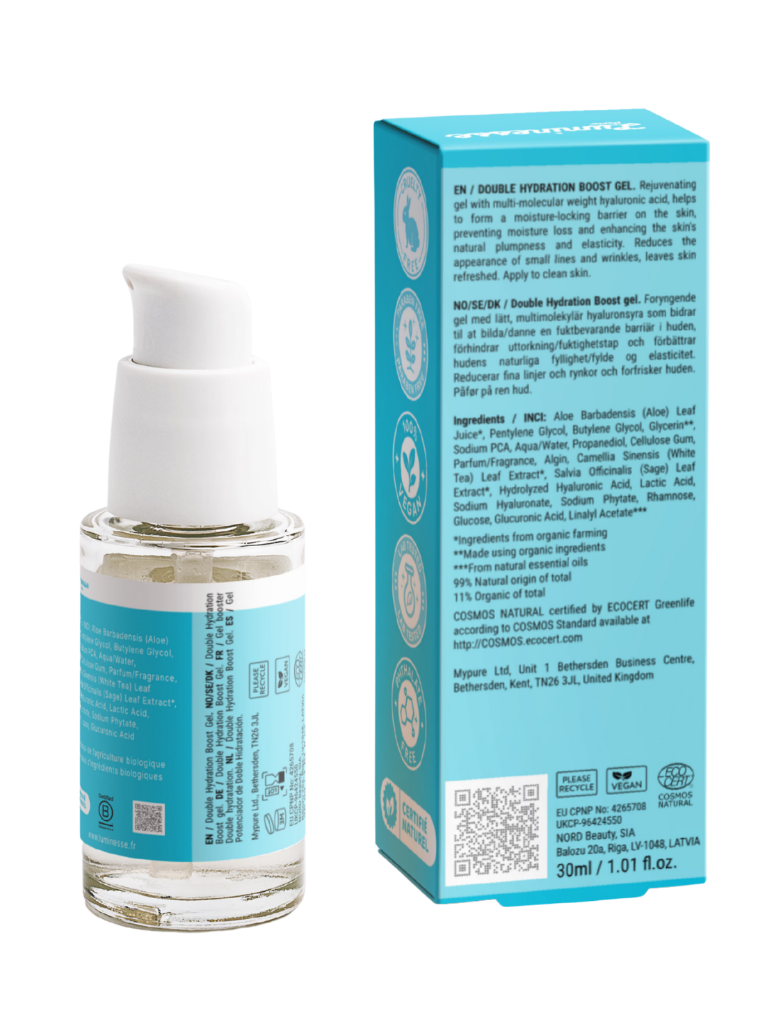 Vue arrière d’Aqua Surge n°10 de Luminesse Paris avec le flacon pompe transparent de 30 ml et son étui turquoise sur fond transparent. Le dos du packaging présente la description du gel, la liste INCI, les pictogrammes de certification et les informations de recyclage.
