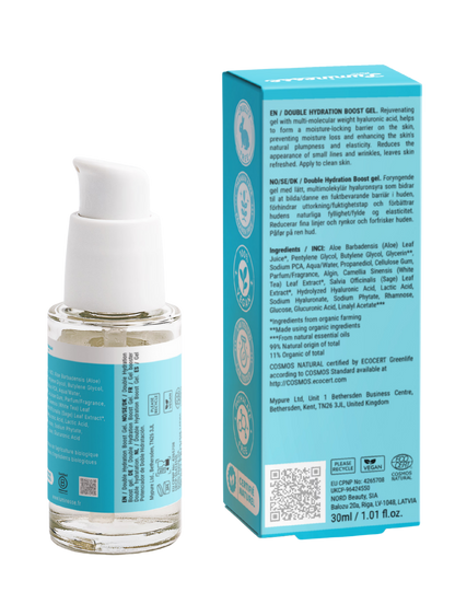 Vue arrière d’Aqua Surge n°10 de Luminesse Paris avec le flacon pompe transparent de 30 ml et son étui turquoise sur fond transparent. Le dos du packaging présente la description du gel, la liste INCI, les pictogrammes de certification et les informations de recyclage.