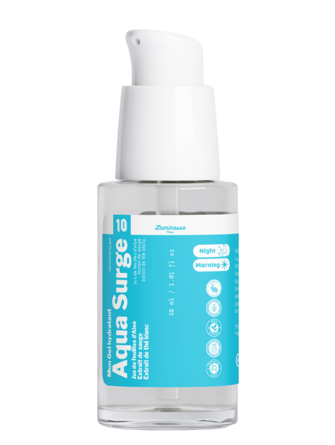 Packshot détouré d’Aqua Surge n°10 de Luminesse Paris, gel hydratant visage en flacon pompe transparent de 30 ml avec étiquette turquoise et pompe blanche. Le flacon est présenté seul sur fond transparent ; les pictogrammes Morning et Night figurent sur l’étiquette.