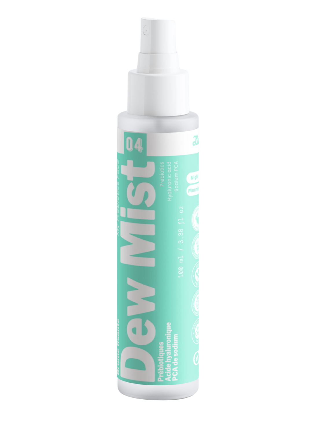 Packshot de Dew Mist de Luminesse Paris, brume visage prébiotique hydratante. Le produit est présenté seul afin d’identifier clairement son flacon et son packaging. Visuel utilisé dans la routine Quintet Pore Detox pour illustrer l’étape de brume tonique et d’hydratation légère.