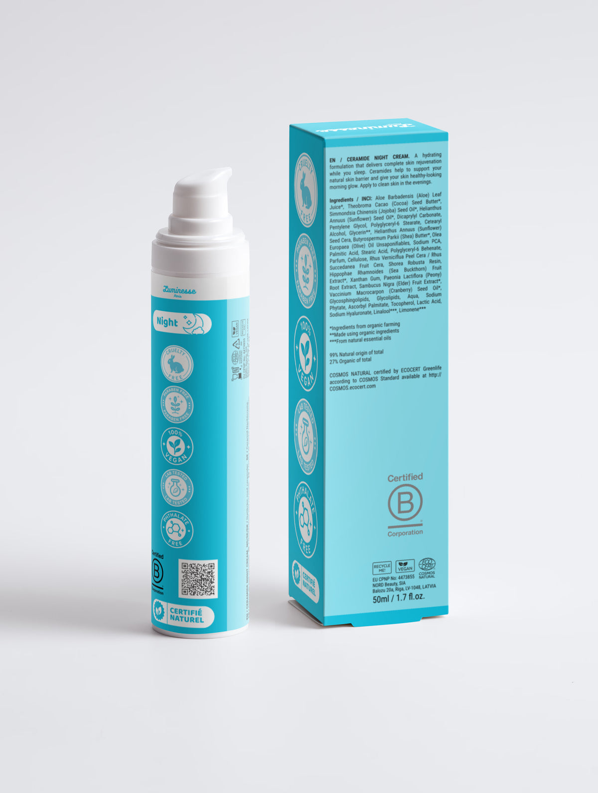 Visuel de Midnight Ritual de Luminesse Paris, soin de nuit pour le visage enrichi en céramides et glycosphingolipides. Image associée à la crème nocturne conçue pour compléter une routine hydratante et nourrissante, avec beurres de cacao et de karité, huiles végétales et acide hyaluronique.