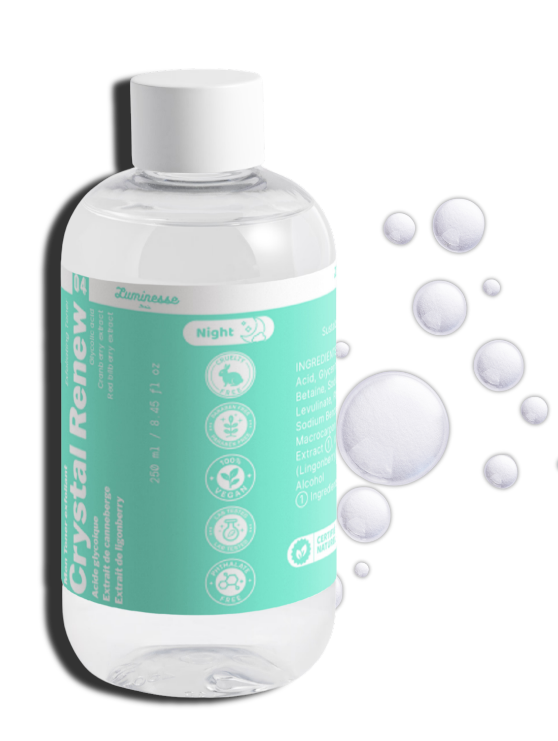 Visuel de présentation de Crystal Renew de Luminesse Paris, tonique exfoliant visage à 5 % d’acide glycolique. L’image accompagne la fiche produit et met en contexte sa formule avec bétaïne, Sodium PCA, canneberge et airelle rouge pour une utilisation progressive dans la routine du soir.