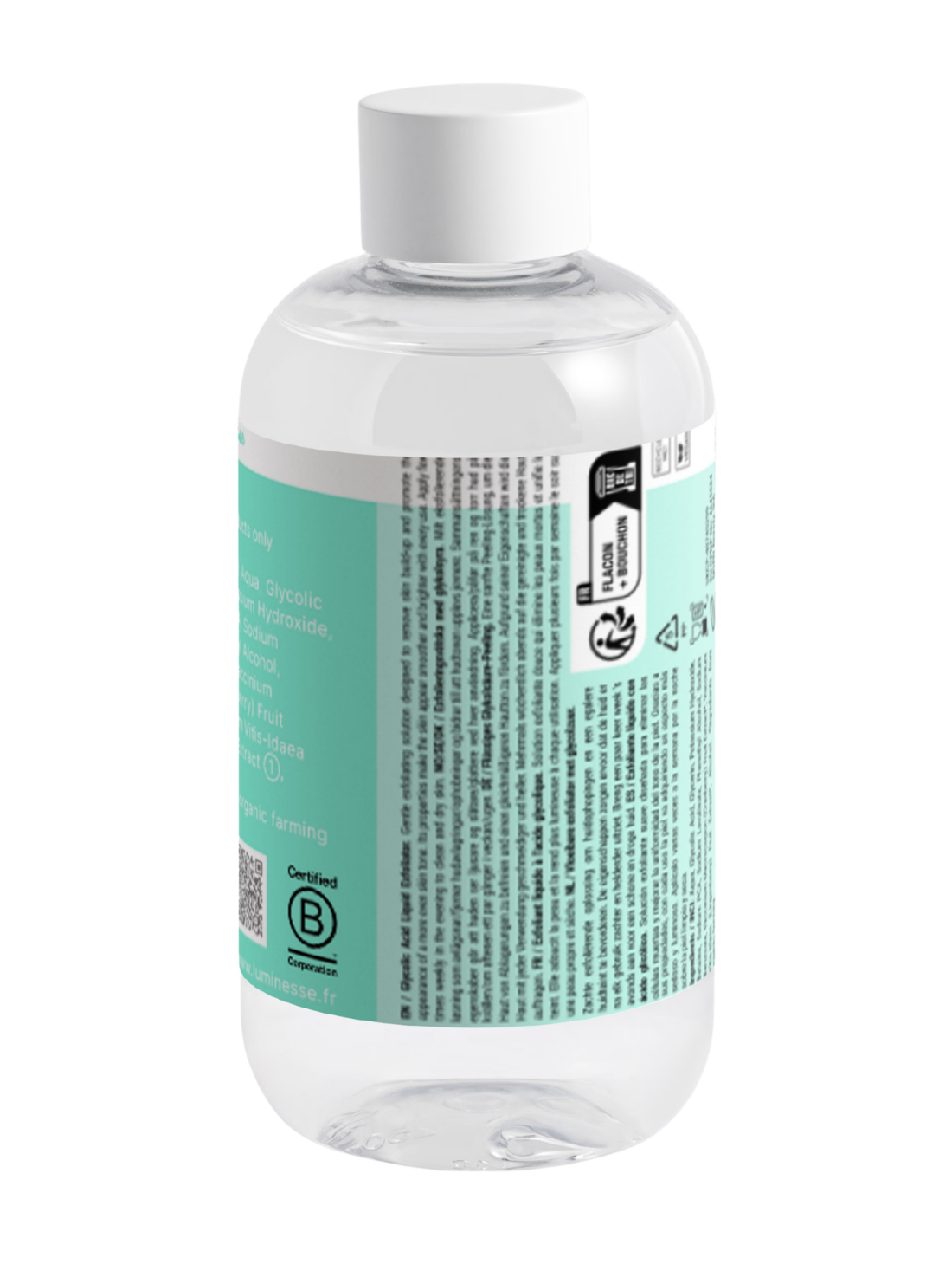 Vue arrière de Crystal Renew n°04 de Luminesse Paris, tonique visage en flacon transparent de 250 ml avec étiquette turquoise. Le dos du packaging présente la liste INCI et les conseils d’utilisation, ainsi qu’un QR code, la certification B Corporation et les informations de tri et de recyclage.
