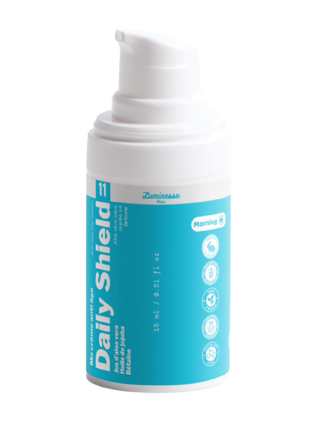 Packshot détouré de Daily Shield n°11 de Luminesse Paris, crème de jour en flacon pompe blanc de 15 ml avec étiquette turquoise. Le produit est présenté seul sur fond transparent ; la mention Morning ainsi que le jus d’aloe vera, l’huile de jojoba et la bétaïne sont visibles sur le packaging.
