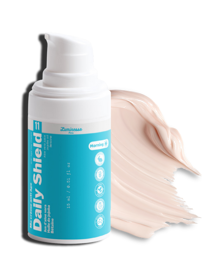 Visuel de présentation de Daily Shield de Luminesse Paris, crème de jour veloutée à l’acide hyaluronique multi-poids. L’image accompagne la fiche du soin hydratant formulé notamment avec aloe vera, bétaïne, beurre de karité, jojoba et actifs marins pour la routine du matin.