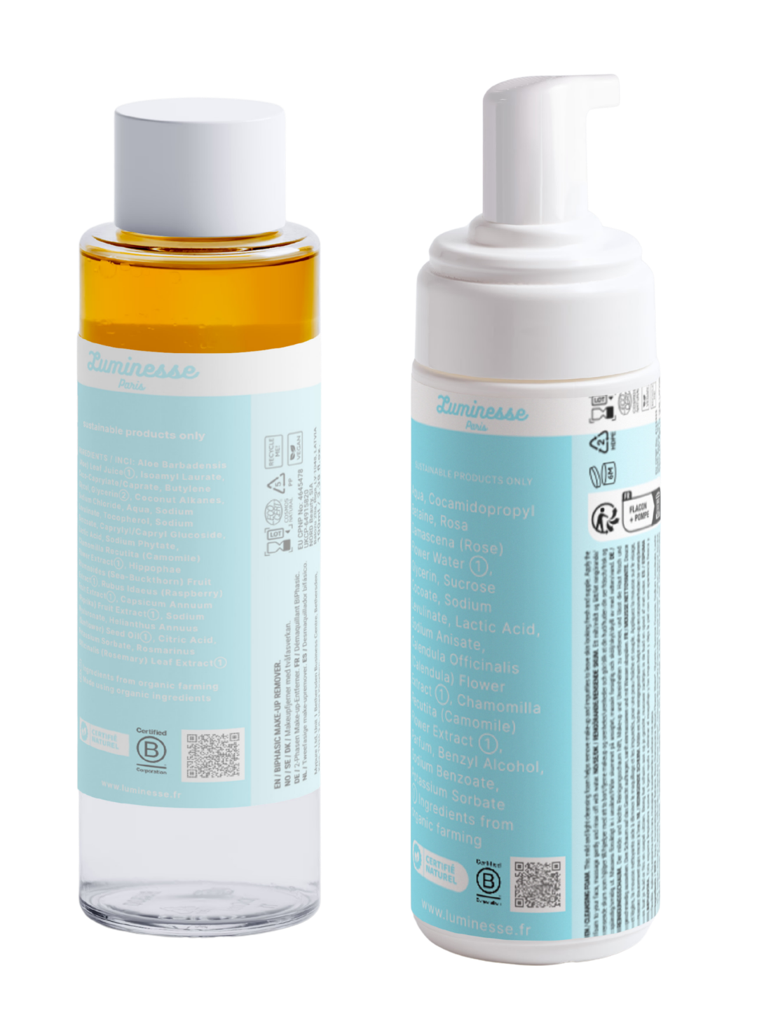 Packshot détouré du démaquillant biphasé Velvet Veil n°01 de Luminesse Paris, présenté de face sur fond transparent. Flacon transparent de 100 ml avec une phase ambrée, bouchon blanc et étiquette bleu clair. L’étiquette mentionne notamment aloe vera, camomille et framboise.