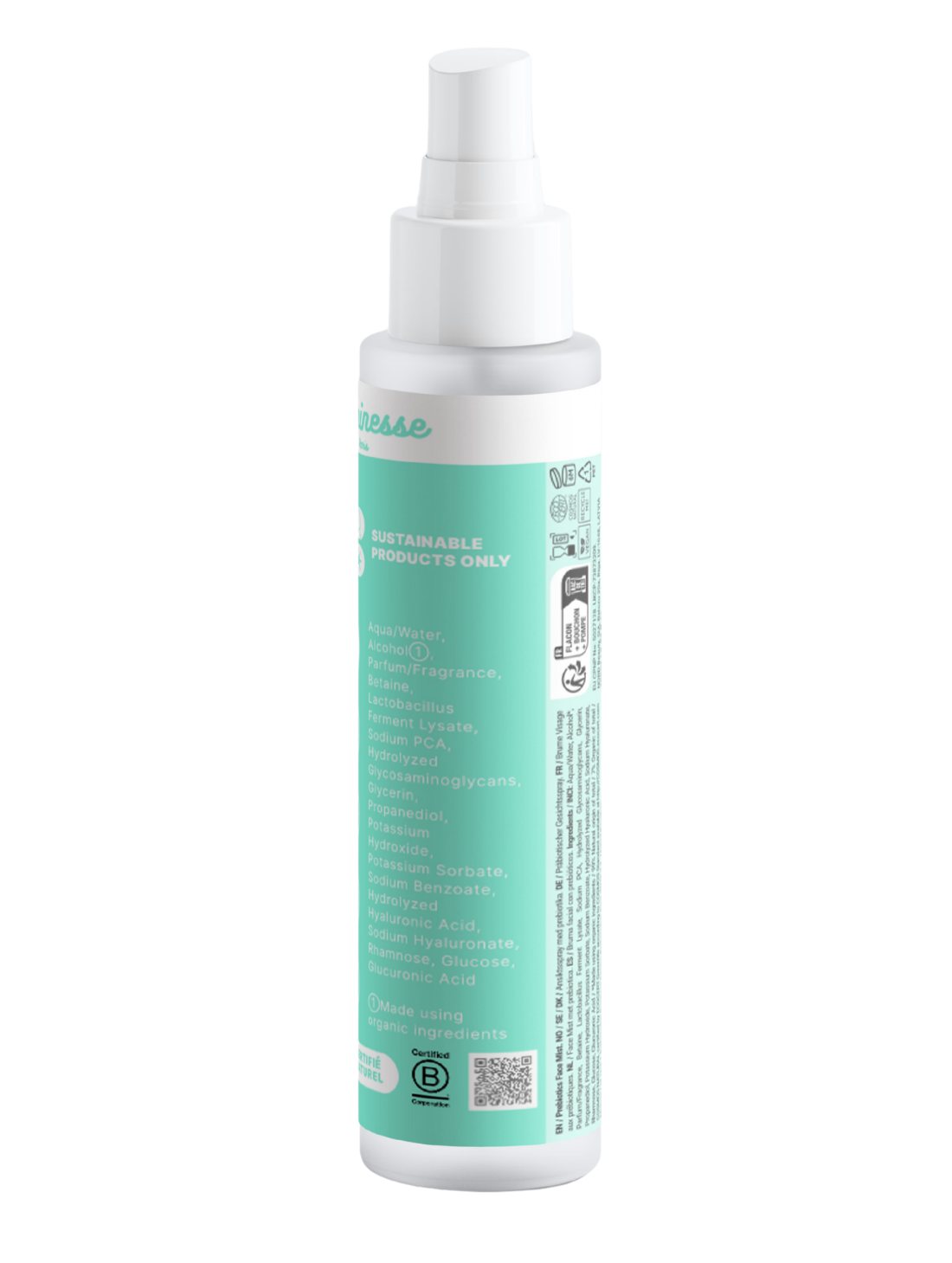 Vue arrière de Dew Mist n°04 de Luminesse Paris, brume visage en flacon spray blanc avec étiquette turquoise. Le dos du packaging affiche la liste INCI, dont Lactobacillus Ferment Lysate, Sodium PCA et acide hyaluronique, ainsi qu’un QR code, la certification B Corporation et les informations de recyclage.