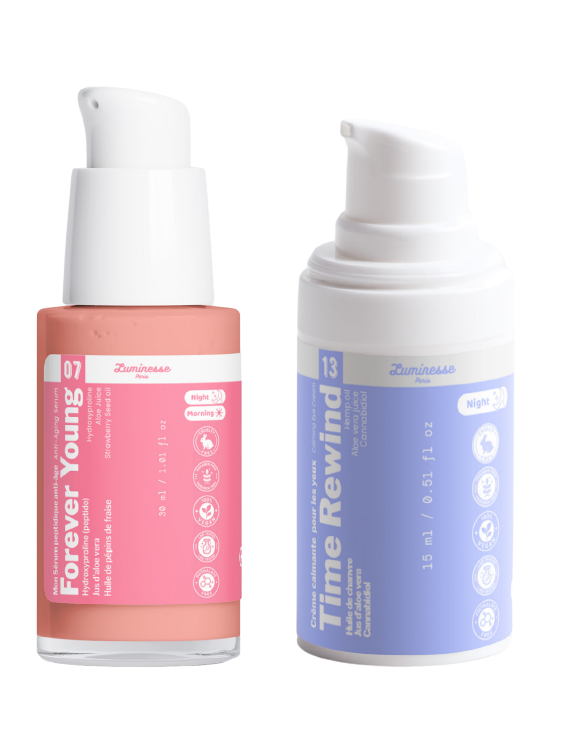 Image complémentaire du Duo Anti-Âge Iconique réunissant le sérum aux peptides Forever Young et le contour des yeux Time Rewind de Luminesse Paris.