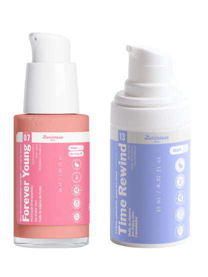Image complémentaire du Duo Anti-Âge Iconique réunissant le sérum aux peptides Forever Young et le contour des yeux Time Rewind de Luminesse Paris.