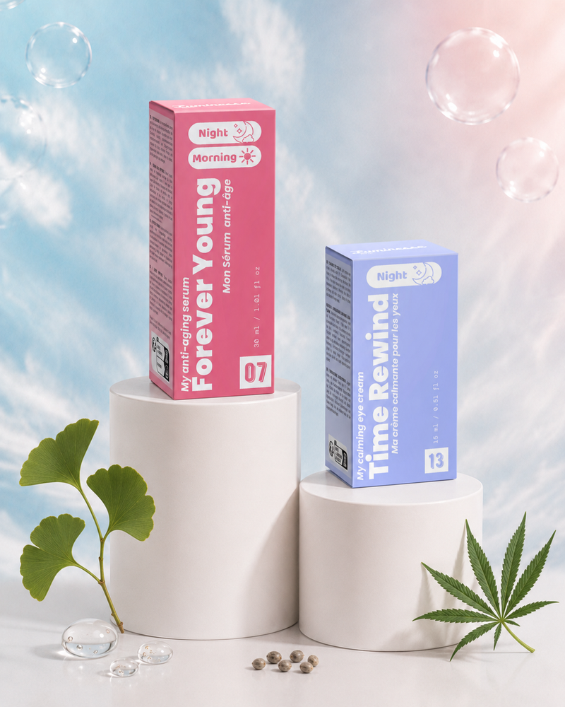 Duo Anti-Âge Iconique de Luminesse Paris, sérum visage aux peptides et soin contour des yeux.