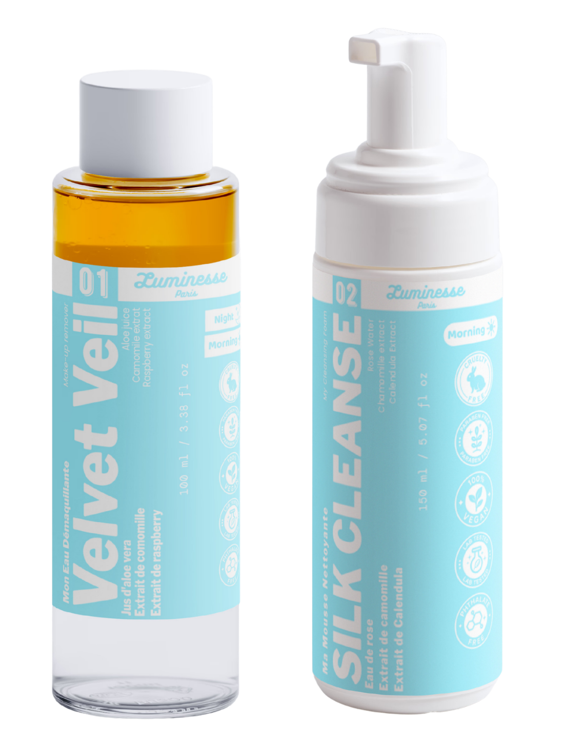 Visuel du Duo Double Nettoyage de Luminesse Paris réunissant le démaquillant biphasé Velvet Veil et la mousse Silk Cleanse.