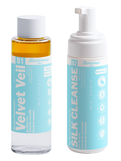 Visuel du Duo Double Nettoyage de Luminesse Paris réunissant le démaquillant biphasé Velvet Veil et la mousse Silk Cleanse.
