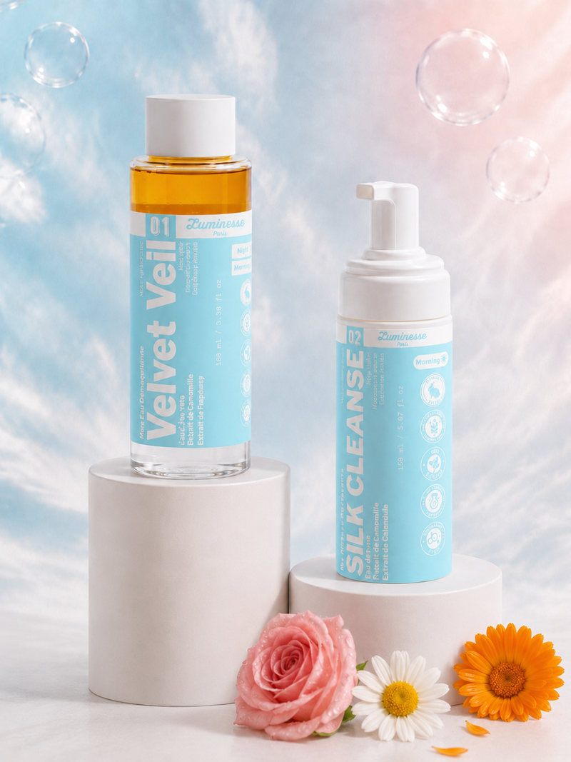 Duo Double Nettoyage de Luminesse Paris, démaquillant biphasé et mousse nettoyante pour le visage.