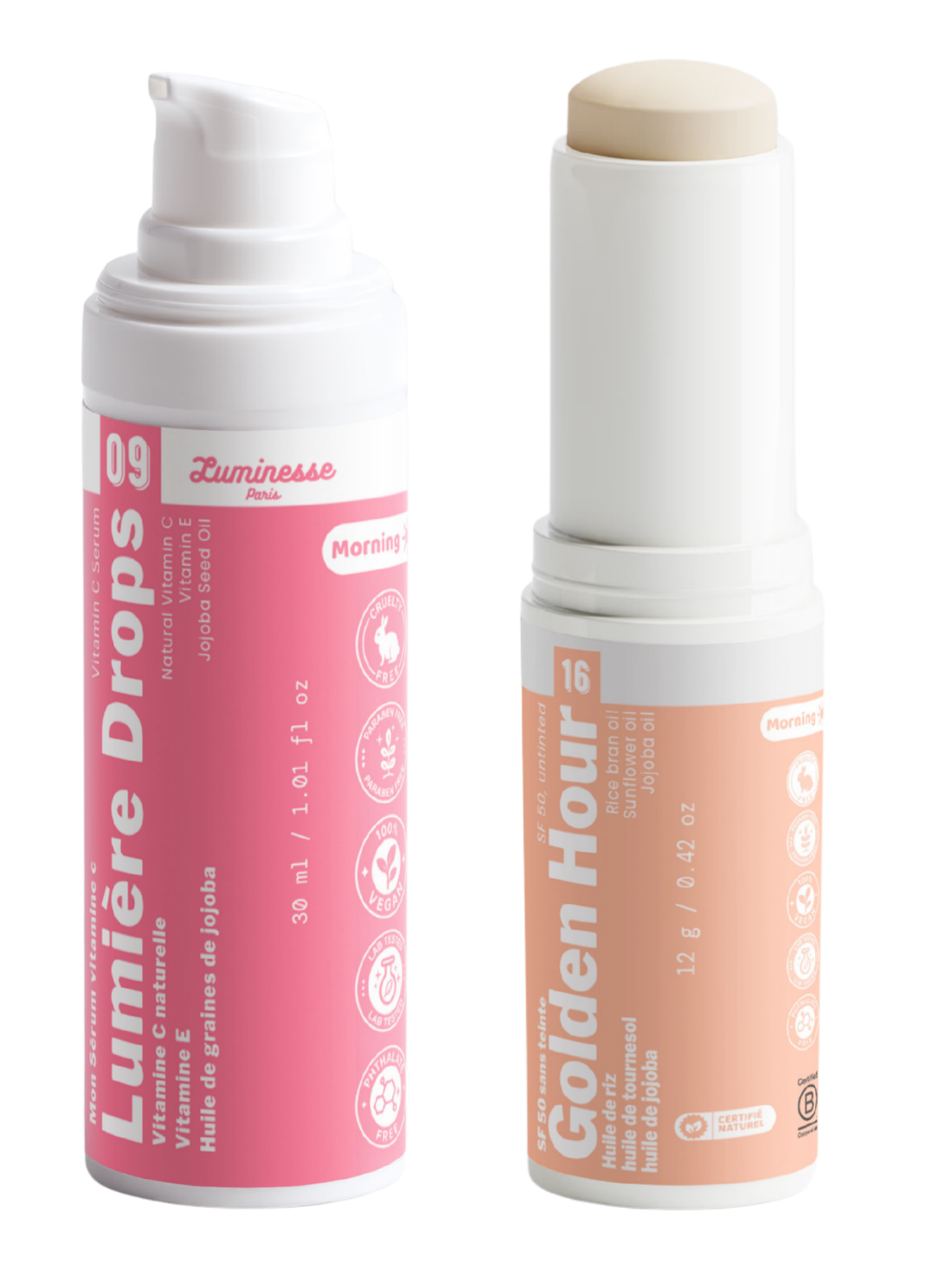 Image complémentaire du Duo Éclat & Protection réunissant le sérum vitamine C Lumière Drops et le stick SPF 50 Golden Hour de Luminesse Paris.