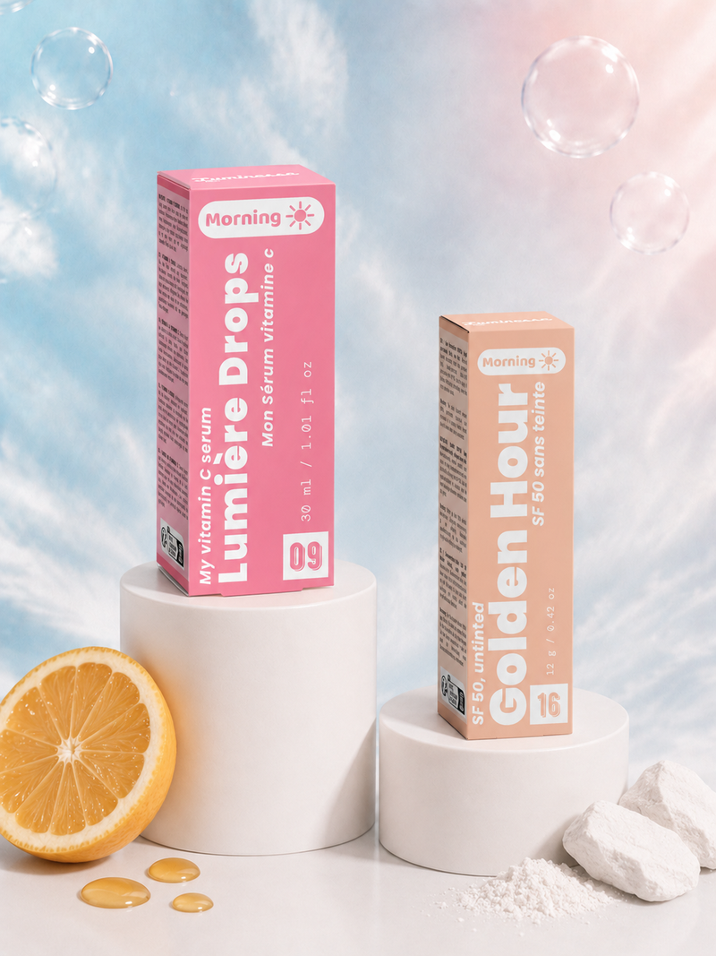 Duo Éclat & Protection de Luminesse Paris, sérum visage à la vitamine C et stick solaire minéral SPF 50.