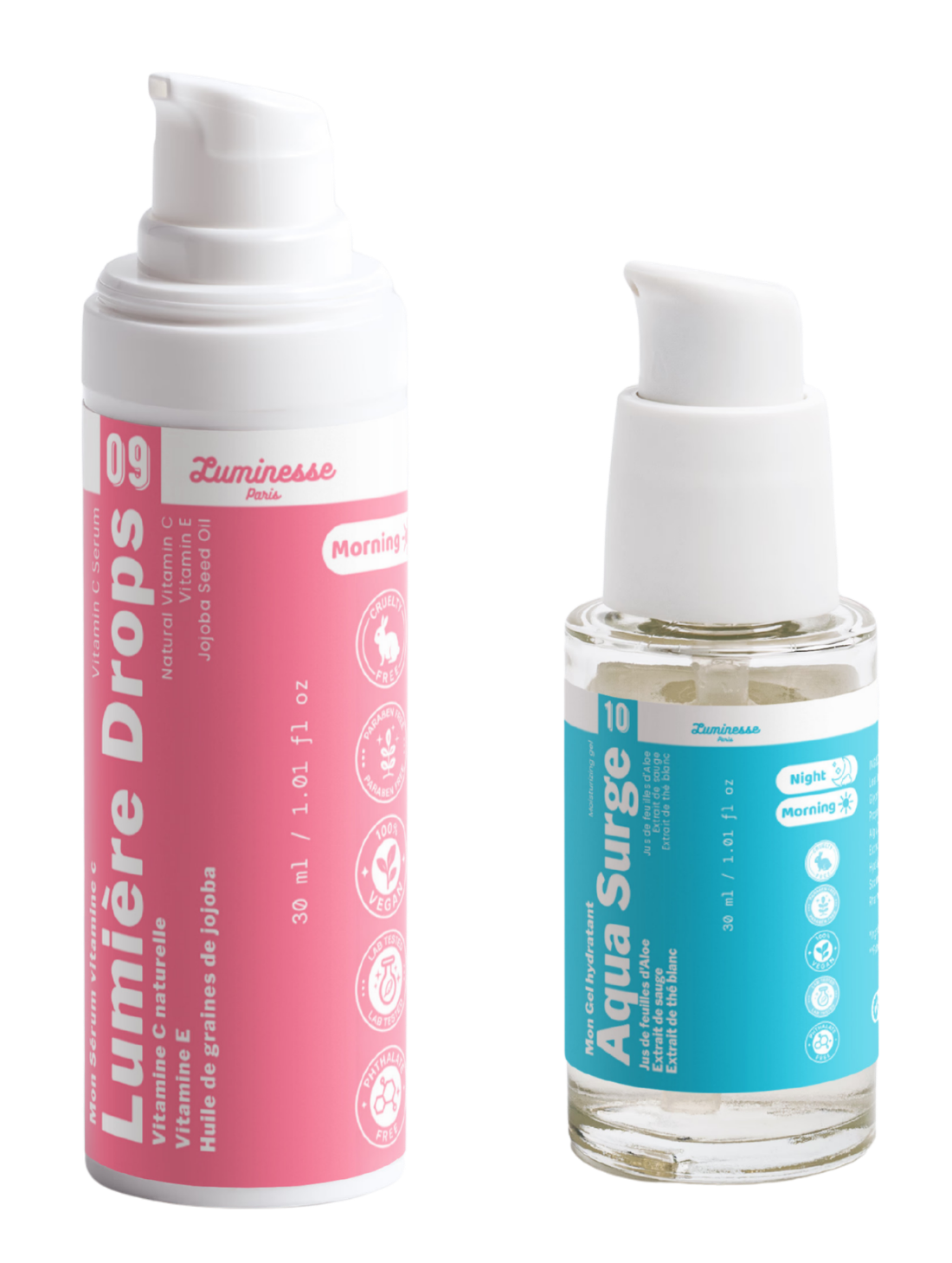 Image complémentaire du Duo Hydratation & Éclat réunissant le sérum Lumière Drops et le gel Aqua Surge de Luminesse Paris.