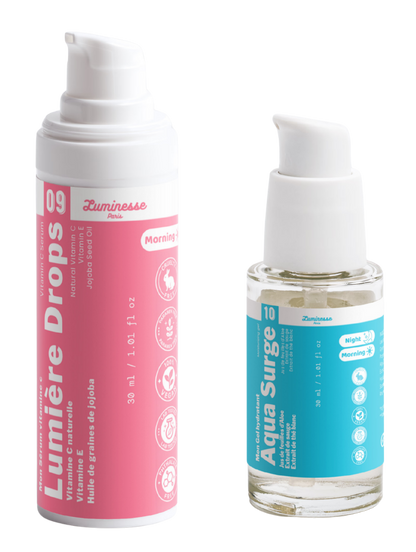 Image complémentaire du Duo Hydratation & Éclat réunissant le sérum Lumière Drops et le gel Aqua Surge de Luminesse Paris.
