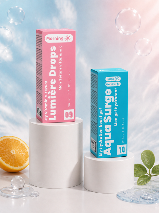 Duo Hydratation & Éclat de Luminesse Paris, deux soins visage à l’acide hyaluronique et à la vitamine C.