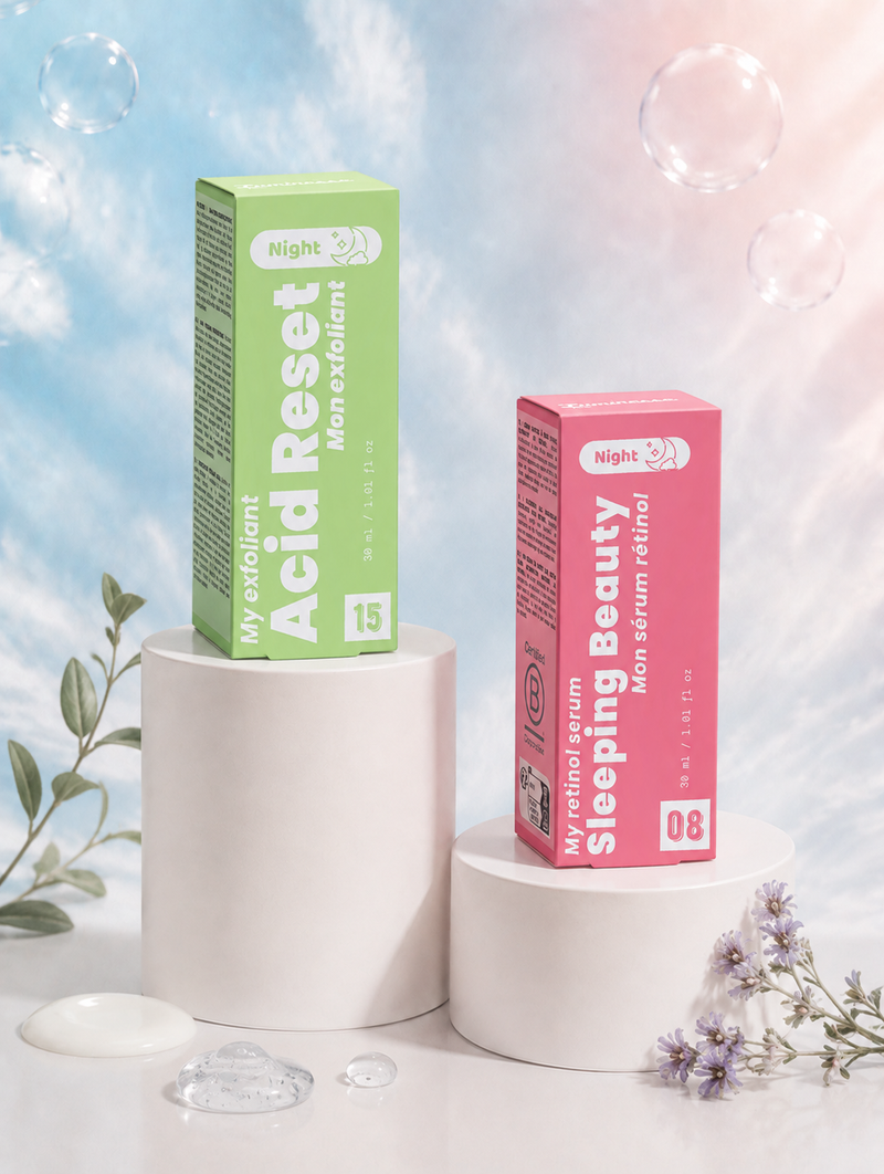 Duo Skin Cycling de Luminesse Paris, deux soins visage pour alterner exfoliation et soin au bakuchiol dans la routine du soir.