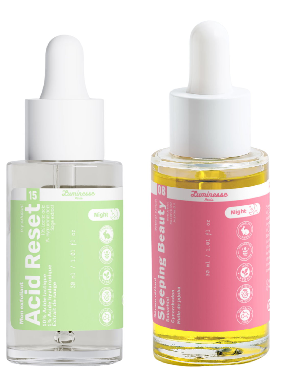 Image complémentaire du Duo Skin Cycling réunissant le peeling Acid Reset et le sérum-huile au bakuchiol Sleeping Beauty de Luminesse Paris.