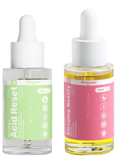 Image complémentaire du Duo Skin Cycling réunissant le peeling Acid Reset et le sérum-huile au bakuchiol Sleeping Beauty de Luminesse Paris.