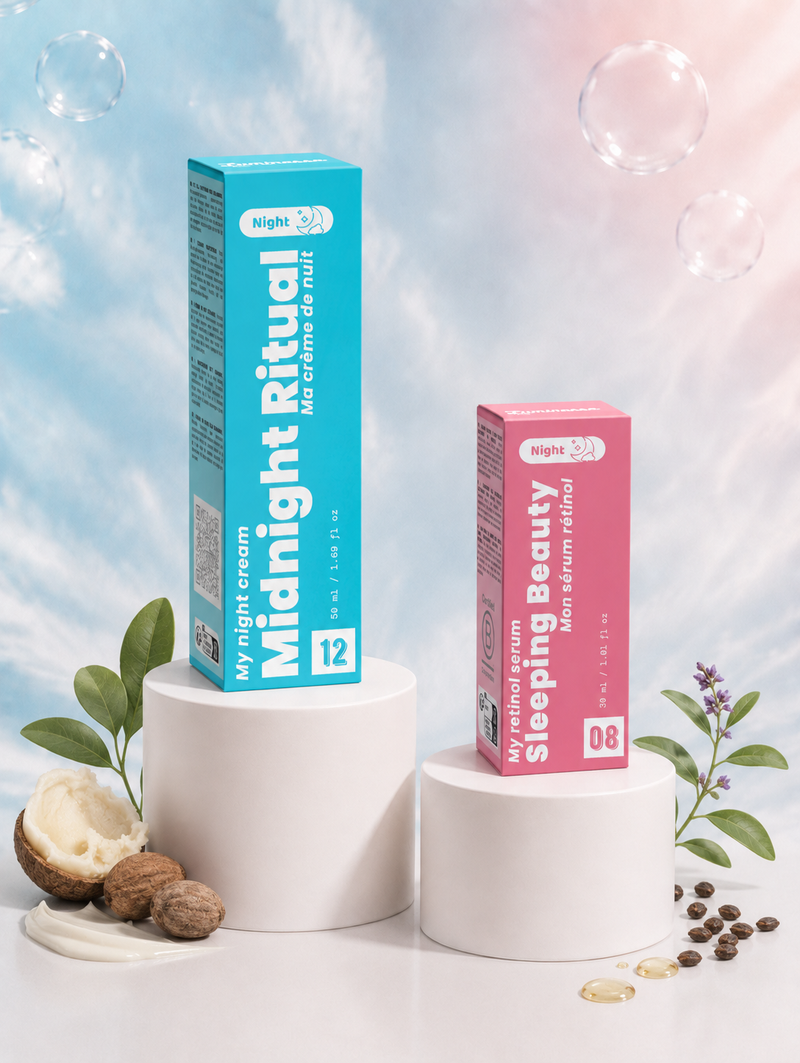 Duo Réparation de Nuit de Luminesse Paris, sérum-huile au bakuchiol et crème de nuit aux céramides.