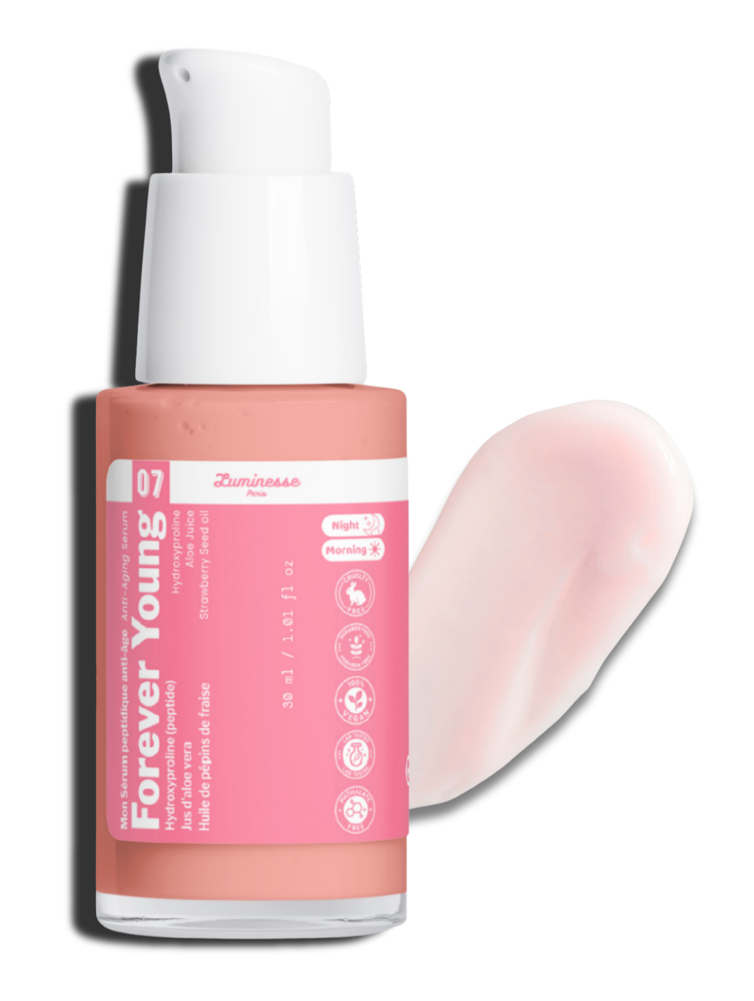 Visuel de présentation de Forever Young de Luminesse Paris, sérum anti-âge aux peptides. L’image accompagne la fiche du soin formulé avec 2 % d’Hexapeptide-11, extrait de ginkgo biloba, acide hyaluronique et huiles de baies, intégré à une routine dédiée à l’apparence des ridules et à la fermeté.