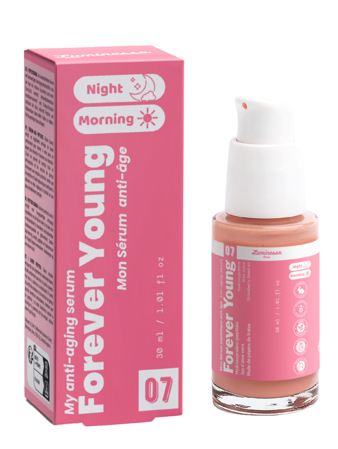 Packshot de Forever Young n°07 de Luminesse Paris avec son étui rose et son flacon pompe de 30 ml contenant un sérum couleur pêche. Le produit et la boîte sont présentés côte à côte sur fond transparent ; les mentions Morning et Night sont visibles sur le packaging.