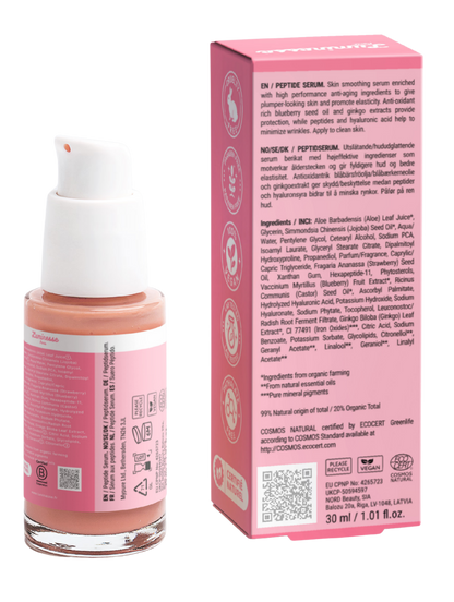 Vue arrière de Forever Young n°07 de Luminesse Paris avec son flacon pompe de 30 ml et son étui rose sur fond transparent. Le dos du packaging présente la description du sérum aux peptides, la liste INCI, un QR code ainsi que les pictogrammes Vegan et COSMOS Natural.