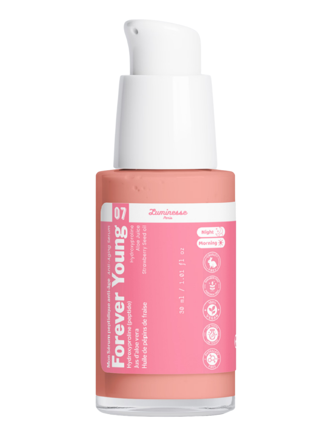 Packshot détouré de Forever Young n°07 de Luminesse Paris, sérum en flacon pompe de 30 ml au contenu couleur pêche avec étiquette rose et pompe blanche. Le produit est présenté seul sur fond transparent ; les mentions Morning et Night ainsi que plusieurs pictogrammes sont visibles.