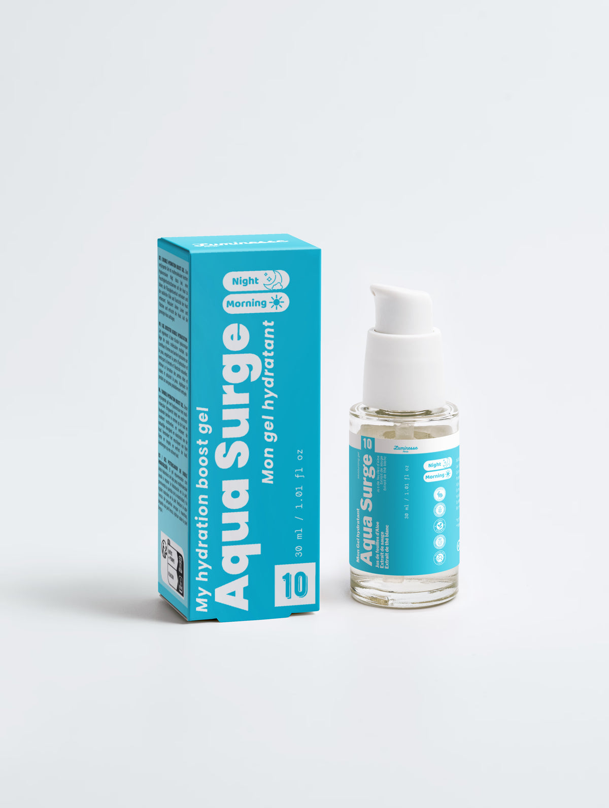 Visuel de présentation d’Aqua Surge de Luminesse Paris, gel hydratant visage à l’acide hyaluronique multi-poids et au Sodium PCA. Image associée au soin conçu pour renforcer l’hydratation et préparer la peau aux étapes suivantes de la routine, avec une texture gel légère et rapidement absorbée.