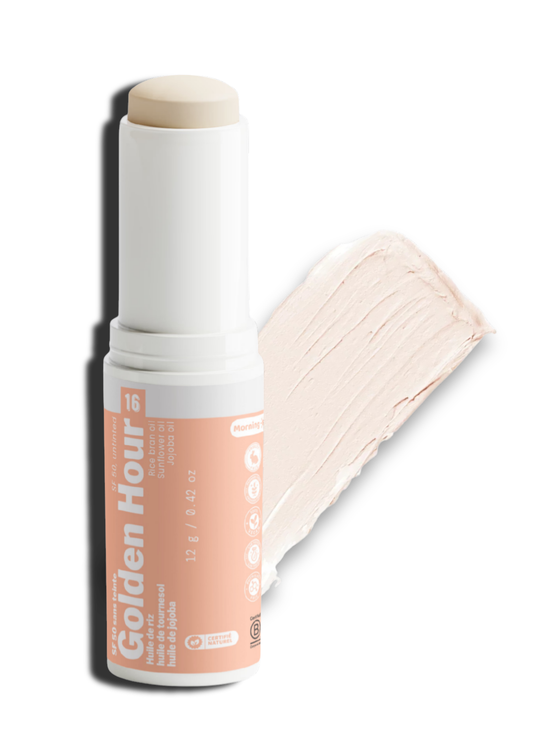 Visuel de présentation de Golden Hour de Luminesse Paris, stick solaire minéral SPF 50 pour le visage. L’image accompagne la fiche du soin et met en contexte son système filtrant à base d’oxyde de zinc et de dioxyde de titane, associé à plusieurs huiles végétales et beurres.