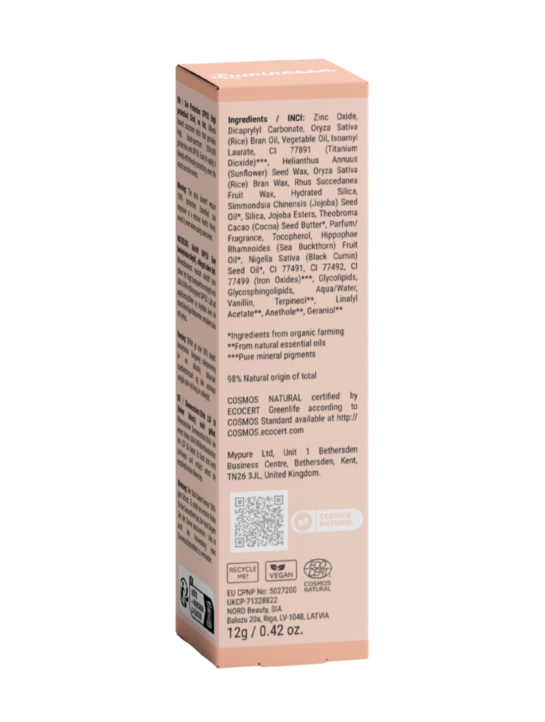 Vue arrière de Golden Hour n°16 de Luminesse Paris avec son stick solaire SPF 50 sans teinte de 12 g et son étui pêche sur fond transparent. Le dos de la boîte présente les informations produit, conseils d’utilisation, liste d’ingrédients et pictogrammes, tandis que le tube blanc est montré de dos.