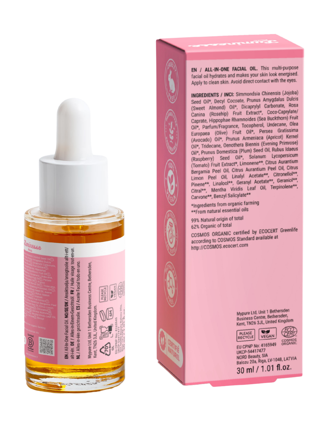 Vue arrière d’Instant Glow n°05 de Luminesse Paris avec son flacon compte-gouttes de 30 ml et son étui rose sur fond transparent. Le dos du packaging présente la description de l’huile visage, la liste INCI ainsi que les pictogrammes Vegan et COSMOS Organic.