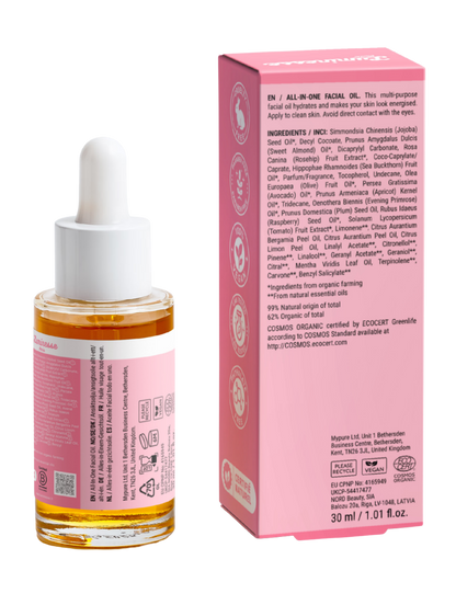 Vue arrière d’Instant Glow n°05 de Luminesse Paris avec son flacon compte-gouttes de 30 ml et son étui rose sur fond transparent. Le dos du packaging présente la description de l’huile visage, la liste INCI ainsi que les pictogrammes Vegan et COSMOS Organic.