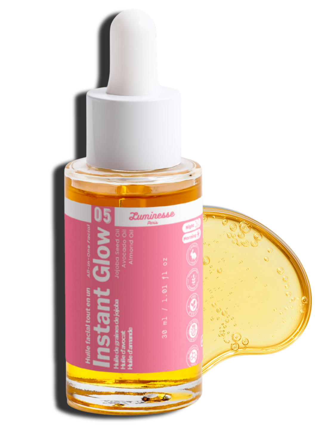Visuel de présentation d’Instant Glow de Luminesse Paris, huile visage multi-usage destinée aux peaux sèches, déshydratées ou matures. L’image accompagne la fiche du soin et met en contexte son complexe d’huiles végétales, dont jojoba, avocat, amande douce, onagre, argousier et rose musquée.