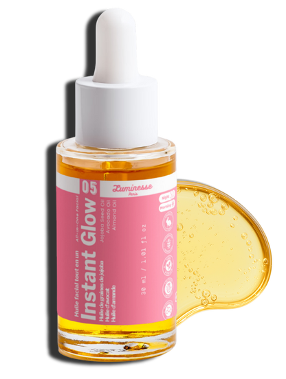 Visuel de présentation d’Instant Glow de Luminesse Paris, huile visage multi-usage destinée aux peaux sèches, déshydratées ou matures. L’image accompagne la fiche du soin et met en contexte son complexe d’huiles végétales, dont jojoba, avocat, amande douce, onagre, argousier et rose musquée.