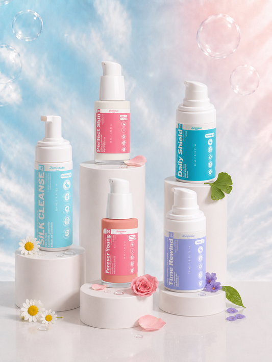 Visuel principal de L’Intégrale Anti-Âge de Luminesse Paris réunissant Silk Cleanse, Forever Young, Perfect Skin, Time Rewind et Daily Shield. Cette routine visage associe nettoyage doux, sérums aux peptides et à l’acide hyaluronique, contour des yeux et crème de jour hydratante pour accompagner l’apparence des ridules, de la fermeté et de la déshydratation.