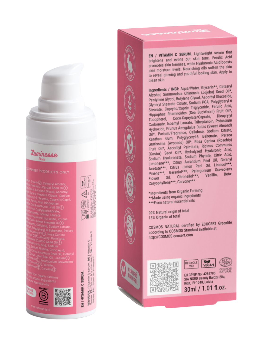 Vue arrière de Lumière Drops n°09 de Luminesse Paris avec son flacon pompe de 30 ml et son étui rose sur fond transparent. Le dos du packaging présente la description du sérum vitamine C, la liste INCI, un QR code ainsi que les pictogrammes Vegan et COSMOS Natural.