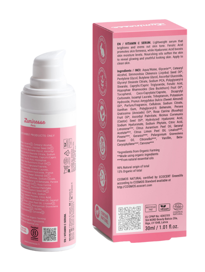 Vue arrière de Lumière Drops n°09 de Luminesse Paris avec son flacon pompe de 30 ml et son étui rose sur fond transparent. Le dos du packaging présente la description du sérum vitamine C, la liste INCI, un QR code ainsi que les pictogrammes Vegan et COSMOS Natural.