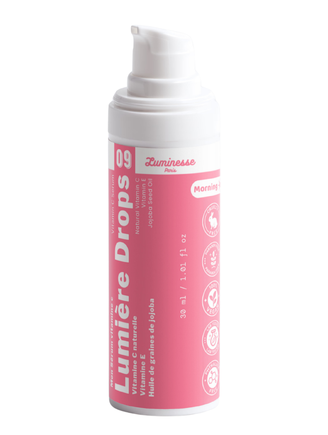 Packshot détouré de Lumière Drops n°09 de Luminesse Paris, sérum vitamine C en flacon pompe blanc de 30 ml avec étiquette rose. Le produit est présenté seul sur fond transparent ; les mentions vitamine C, vitamine E, huile de graines de jojoba et Morning sont visibles sur le packaging.
