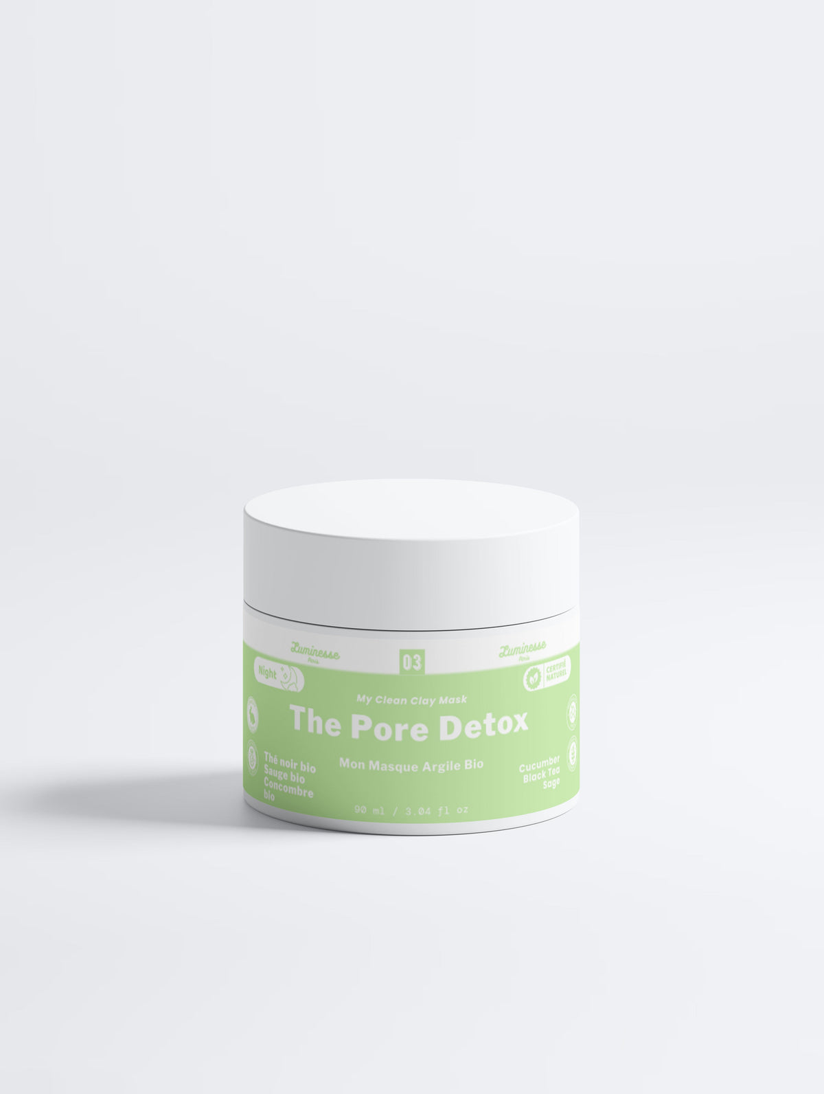 Photo produit de Pore Detox de Luminesse Paris, masque purifiant à l’argile pour le visage. Ce visuel du soin est utilisé dans le Duo Pore Detox pour illustrer l’étape de purification après le nettoyage avec Silk Cleanse, dans une routine dédiée notamment aux pores visibles et à l’excès de sébum.